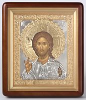 Икона в киоте 18х24 фигур, темпера, риза объём, прямая, частич.золочён